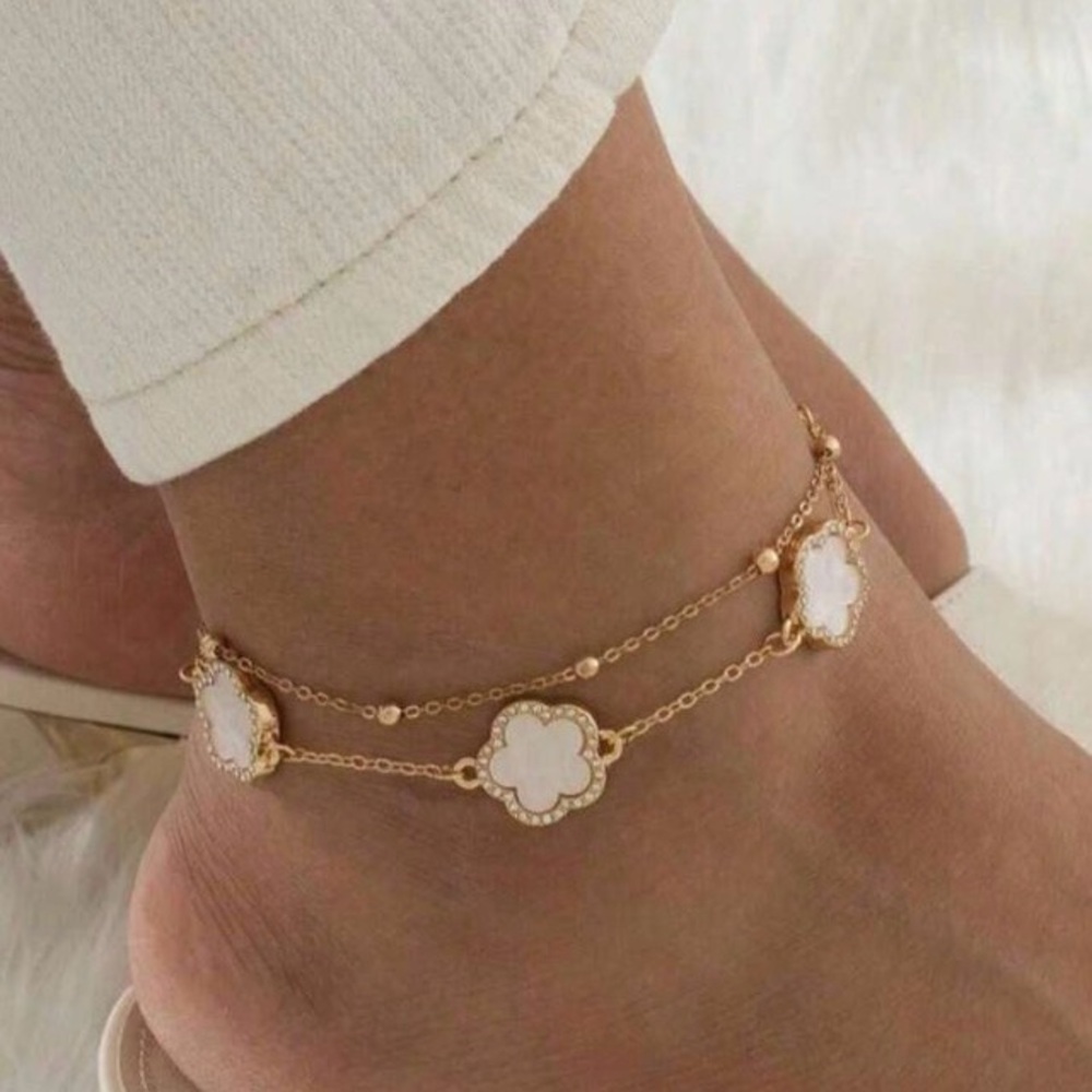 Gold Double-Layer Clover Anklet with White Inlays